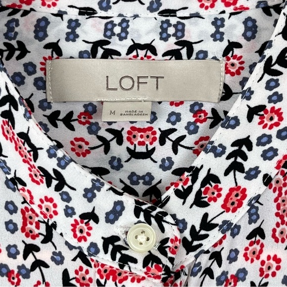 Loft Women’s Long-Sleeved White w/Red Floral Print Banded Collar Size Medium - Picture 7 of 10